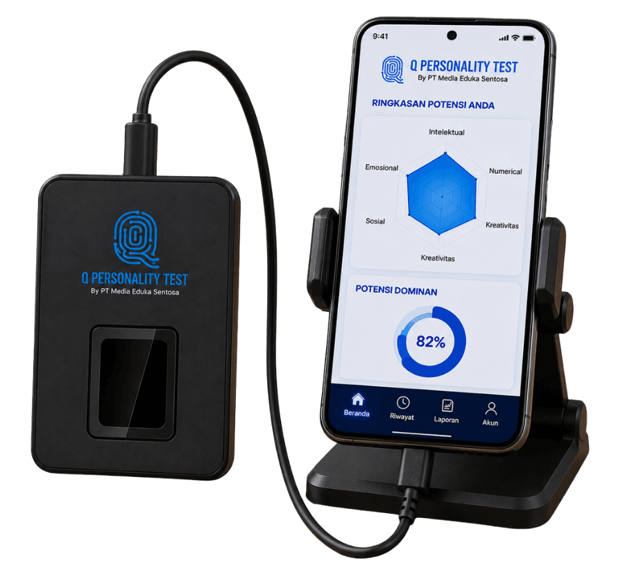 Q Scanner terhubung ke smartphone menampilkan ringkasan potensi diri