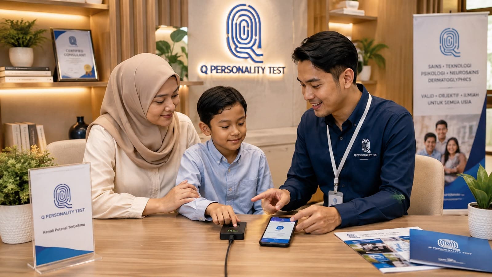 Sesi asesmen Q Personality Test: seorang konsultan mendampingi ibu dan anak melakukan pemindaian sidik jari di gerai ber-merek Q Personality Test.